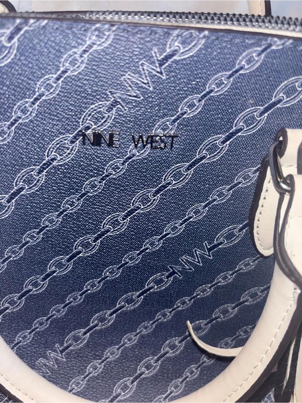 Nine West Navy and Cream Chain-Print Dome Crossbody Bag